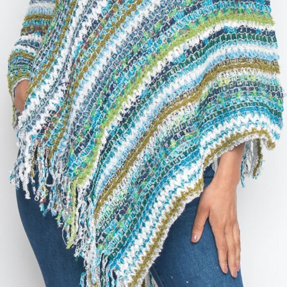 In stock! BLUE MULTI COLOR PONCHO SWEATER - Picture 2 of 4